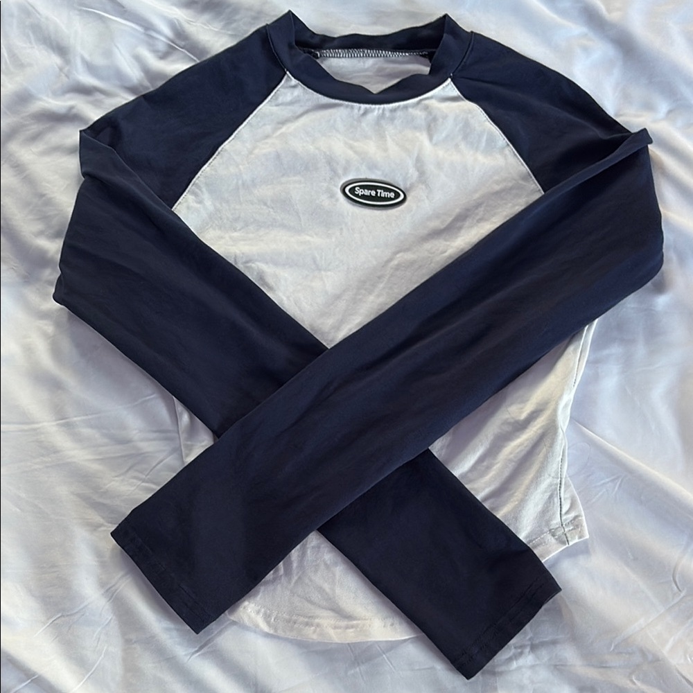 Blue and White Raglan Pajama Top with Crew Neck